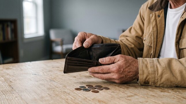 Elderly man holding an empty brown leather wallet over a rustic wooden table while counting small scattered metal coins today