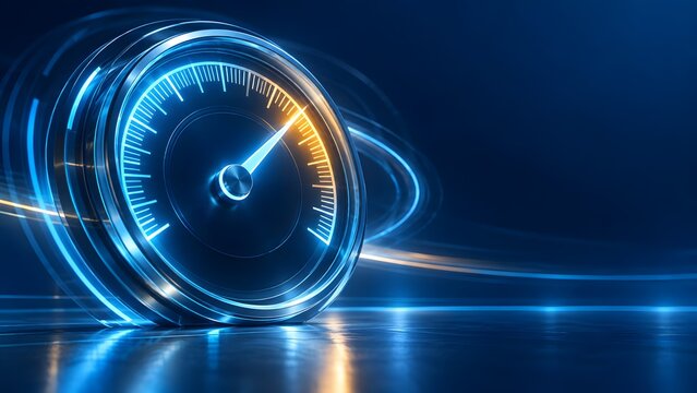 Dynamic metallic speedometer dial with glowing blue light trails representing maximum speed and acceleration