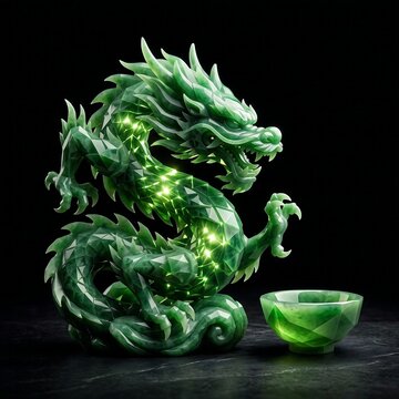 A green jade dragon statue next to a small jade bowl on a black background.	 japanese cultural heritage, ethnic, 
