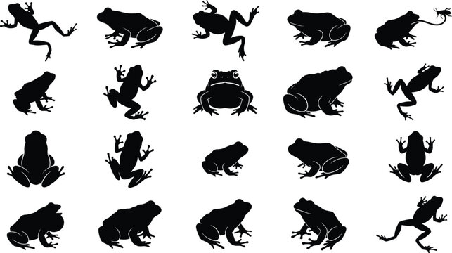 Black frog silhouette vector bundle featuring various amphibian poses jumping sitting catching insects and tree toad icons for nature and wildlife designs