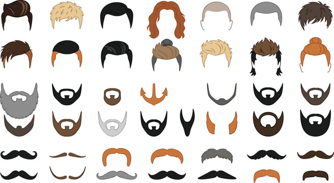 Men hairstyle and facial hair vector set featuring diverse male haircuts beards and mustaches elements for barber shop logos and grooming salon avatars