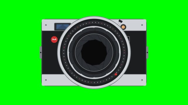 Vintage camera lens aperture opening and closing on green screen background