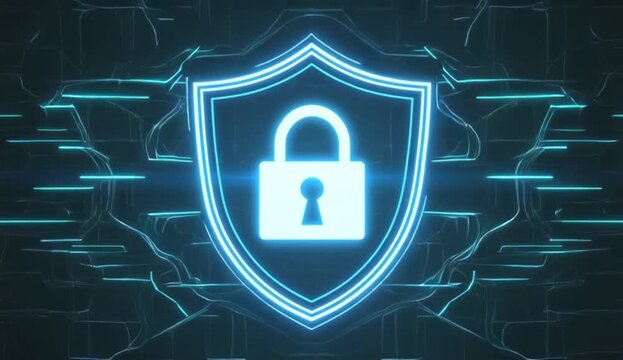 Neon blue shield and padlock on a dark digital background, 4K video