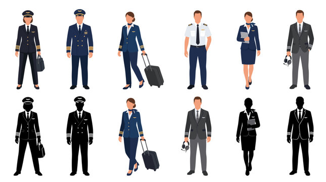 Professional vector collection featuring different styles of pilot uniforms and professional aviation clothing, including airline pilots wearing formal jackets, captain uniforms, first officer