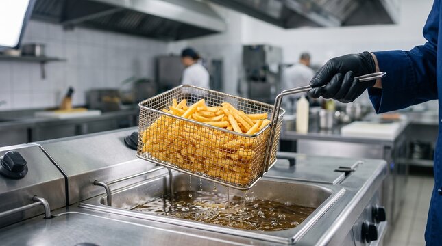 Chef wearing black glove lifting metal wire basket of hot golden french fries from commercial deep fryer, highlighting fast food preparation