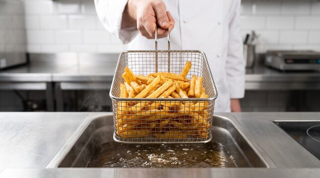 Front view of chef holding metal basket full of crispy fried potato fries over commercial deep fryer in restaurant kitchen, depicting fast food cooking