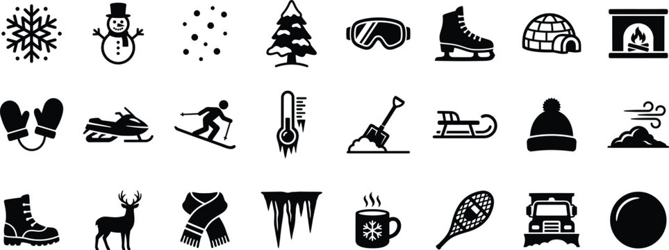 Winter Season Activities and Snow Adventure Vector Icons Set