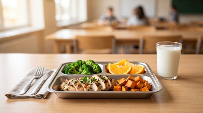 Healthy school lunch tray depicting grilled chicken breast sweet potato cubes steamed broccoli orange slices and milk glass on wooden table