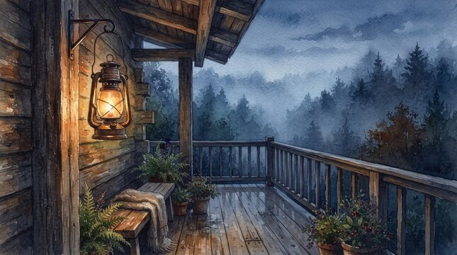 A glowing lantern illuminates a wooden balcony overlooking a misty forest