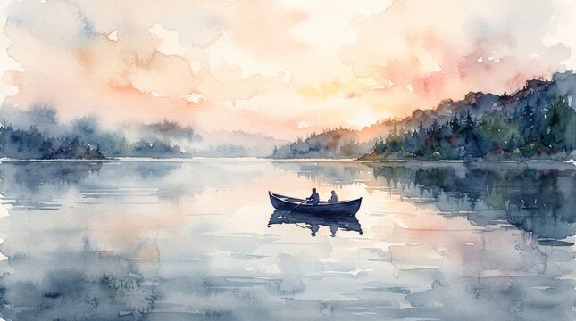 Two people rowing a small boat on a misty lake during a soft sunrise with painting