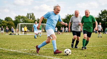 Fototapeta premium Active senior men enjoying a friendly soccer match outdoors