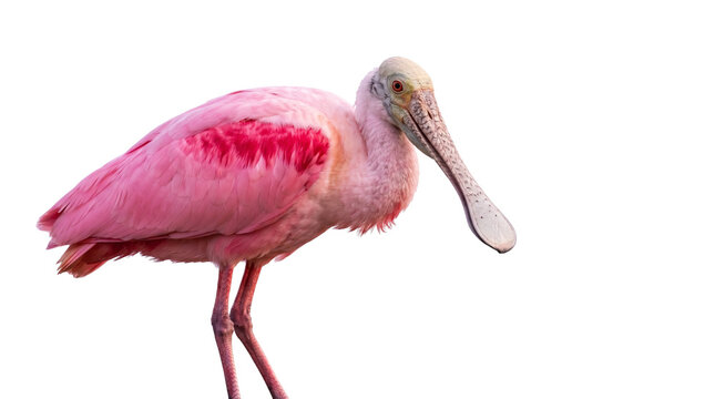 Roseate spoonbill bird with vibrant pink feathers, tropical wading bird isolated on white background, exotic wildlife photography