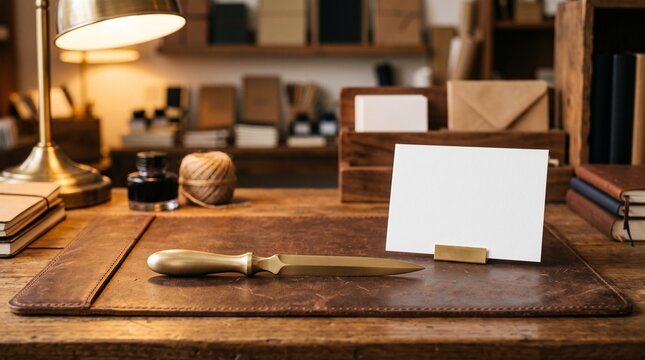 A brushed brass letter opener rests on a leather desk mat next to a blank sign on a vintage table