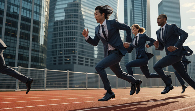 Businessperson competition running suit city urban teamwork determination race outdoor energetic professional motivation success ambition athletic diverse corporate challenge leadership fast