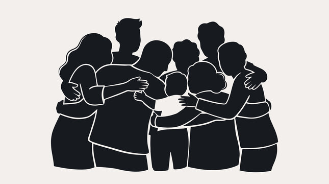 Group of people silhouette in a circle huddle for unity