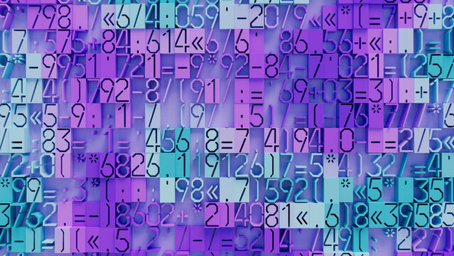 Vibrant Abstract Mosaic of Colorful Geometric Shapes and Numbers on Gradient Purple and Blue Background, Ideal for STEM Education and Digital Design Projects