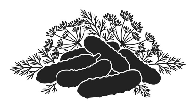 Black silhouette of pickles with dill sprigs on white