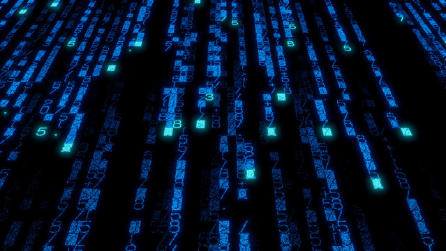 Futuristic Digital Array of Bright Blue Binary Code on Black Background - Abstract Art for Technology, Cybersecurity, and Data Visualization Applications