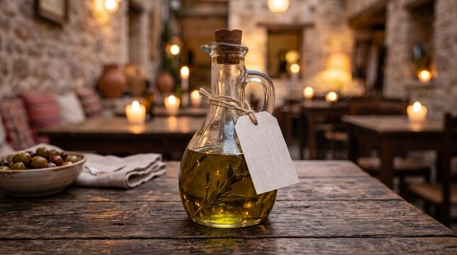 Glass olive oil cruet on rustic wooden restaurant table with rosemary branch and blank label tag.