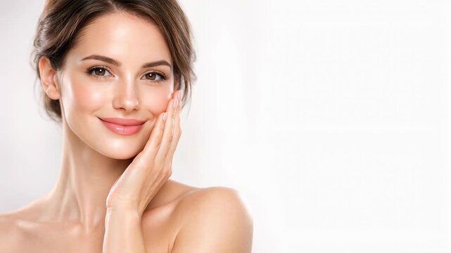 Close-up of a Beautiful Woman with Radiant Skin Smiling and Touching Face