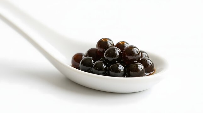 A spoonful of glossy balsamic vinegar pearls presented as a gourmet garnish.
