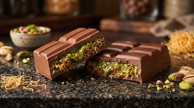 Dubai crunchy pistachio kunafa milk chocolate bar broken open depicting creamy pistachio filling and kadaifi threads