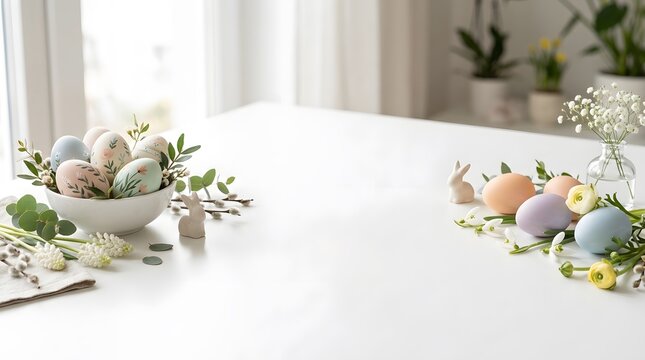 Easter background with pastel colored eggs and spring flowers on a white table.