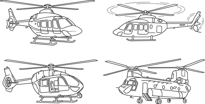 Minimalist Helicopter Line Art Vector Icon Set Featuring Military Chinook Twin Rotor Cargo and Civilian Rescue Chopper Illustration Templates