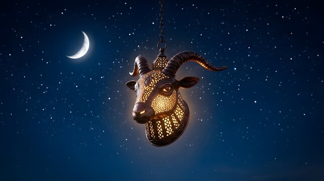 Glowing Goat Head Lantern Hanging Under Night Sky.