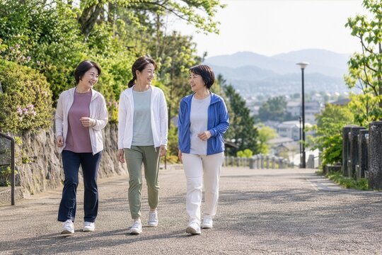 住宅街を笑顔で歩く50代の日本人女性3人