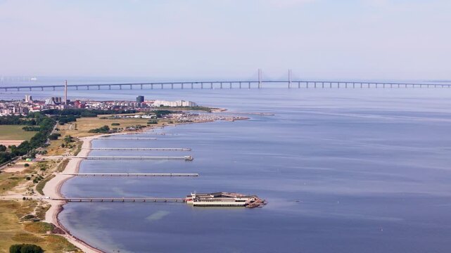 Ribersborg beach, &Ouml;resund bridge, sea and docks, Malm&ouml; Sweden
