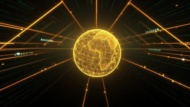 Golden globe surrounded by glowing lines, digital matrix. Futuristic concept representing global network connections. Dark background enhances visual impact.