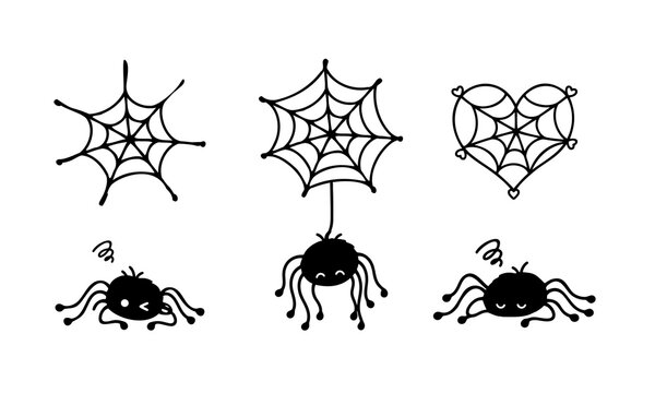 Cute Halloween spider and spider web collection featuring hand drawn cobwebs, heart shaped web, hanging spider and playful black spiders with funny expressions in simple black line art style