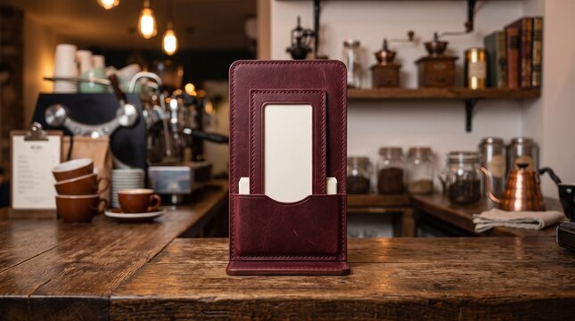 Burgundy leather menu card holder stand on a wooden cafe counter with coffee shop background interio