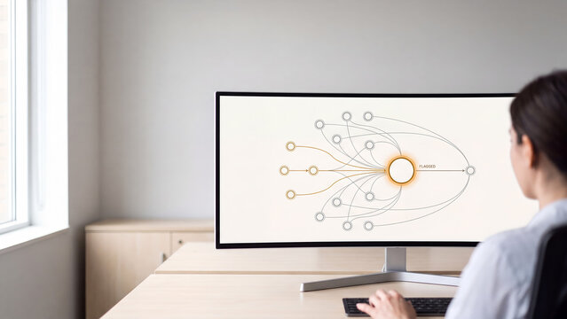 Network diagram on desktop computer monitor in modern minimalist workspace with over the shoulder view for software engineering and machine learning data analysis