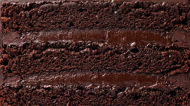 Macro shot of layered chocolate sponge cake with moist texture and glossy ganache filling