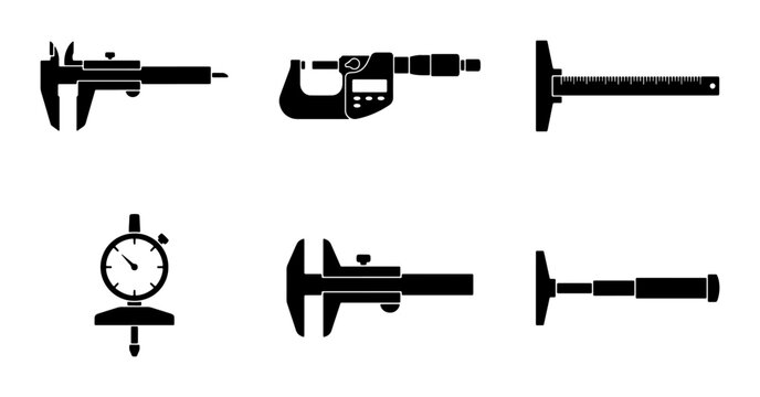 Black measuring tool icons, caliper and micrometer silhouettes