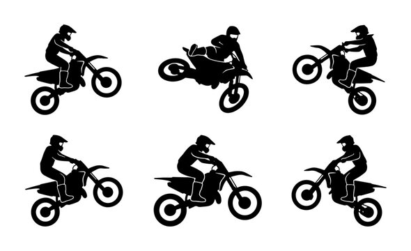 Black motocross rider silhouettes set, extreme sports action, graphic
