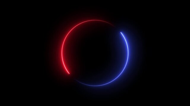  Abstract two tone neon color shade motion graphic on isolated black background. Blue neon light trail circle on black background. Abstract neon light with neon circle background.