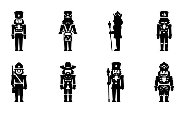 Black nutcracker figures set, soldier and king icons, graphic design