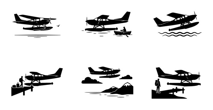 Black seaplane silhouettes on water and land, travel and adventure