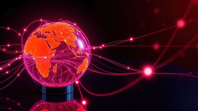 Glowing globe connected via pink lines. Represents global network, communication, technology, data transfer. Futuristic design, dark background.