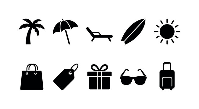 Summer Beach Discount, solid glyph icon set featuring palm tree, beach umbrella, lounge chair, surfboard, sun, shopping bag, price tag, gift box, sunglasses and suitcase, covering summer sale, beach