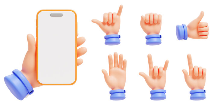 3D cartoon hand holding orange smartphone, various hand gestures with blue cuffs - call me, thumbs up, open palm, pointer finger, fist and rock sign for UI and business presentations