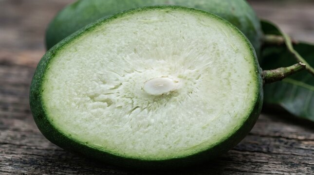 Unripe Green Mango Pale White Green Firm Flesh Macro Texture.