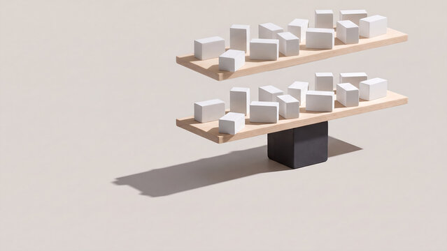 Wooden seesaw balance scale loaded with white geometric blocks in minimalist 3D render perspective view with soft sunlight shadow for financial equilibrium risk stability concept