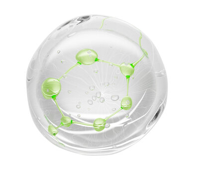 Transparent liquid sphere with green molecule 3d render icon. Bio cosmetic skin care ball drop, aloe gel, celery cream with hyaluronic acid, peptides, herbal shampoo, tea serum bubble