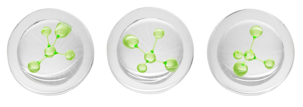 Green molecule in transparent liquid bubble 3d set. Organic natural cosmetic spheres, aloe vera gel drops, tea tree clear serum, herbal essence, cactus cream, olive oil for skin care