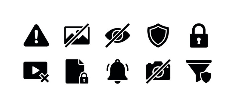 Sensitive Content Warning, solid glyph icon set featuring warning triangle, censored image frame, eye with slash, shield, padlock, restricted video player, privacy document, alert bell, blocked camera