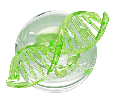 Bio cosmetics lab 3d background. Clear water bubble with green molecule, transparent liquid DNA structure and soft lighting. Natural skincare, beauty science, genetic research concept